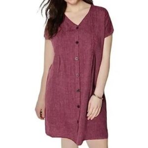 J. Jill Oatmeal V-Neck 100% Linen Cap Sleeve Button Down Pintuck Dress Small